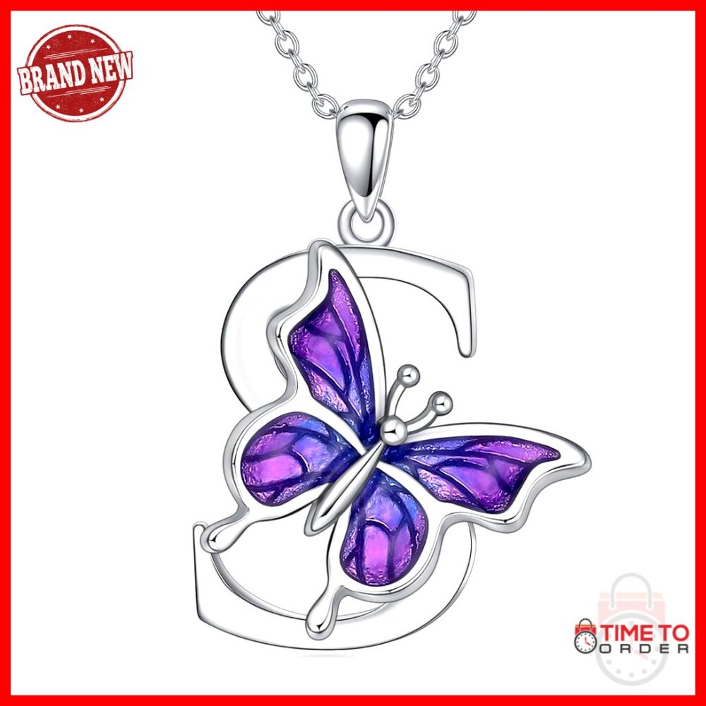 925 Sterling Silver Initial Necklace With Butterfly Pendant, 18" Chain